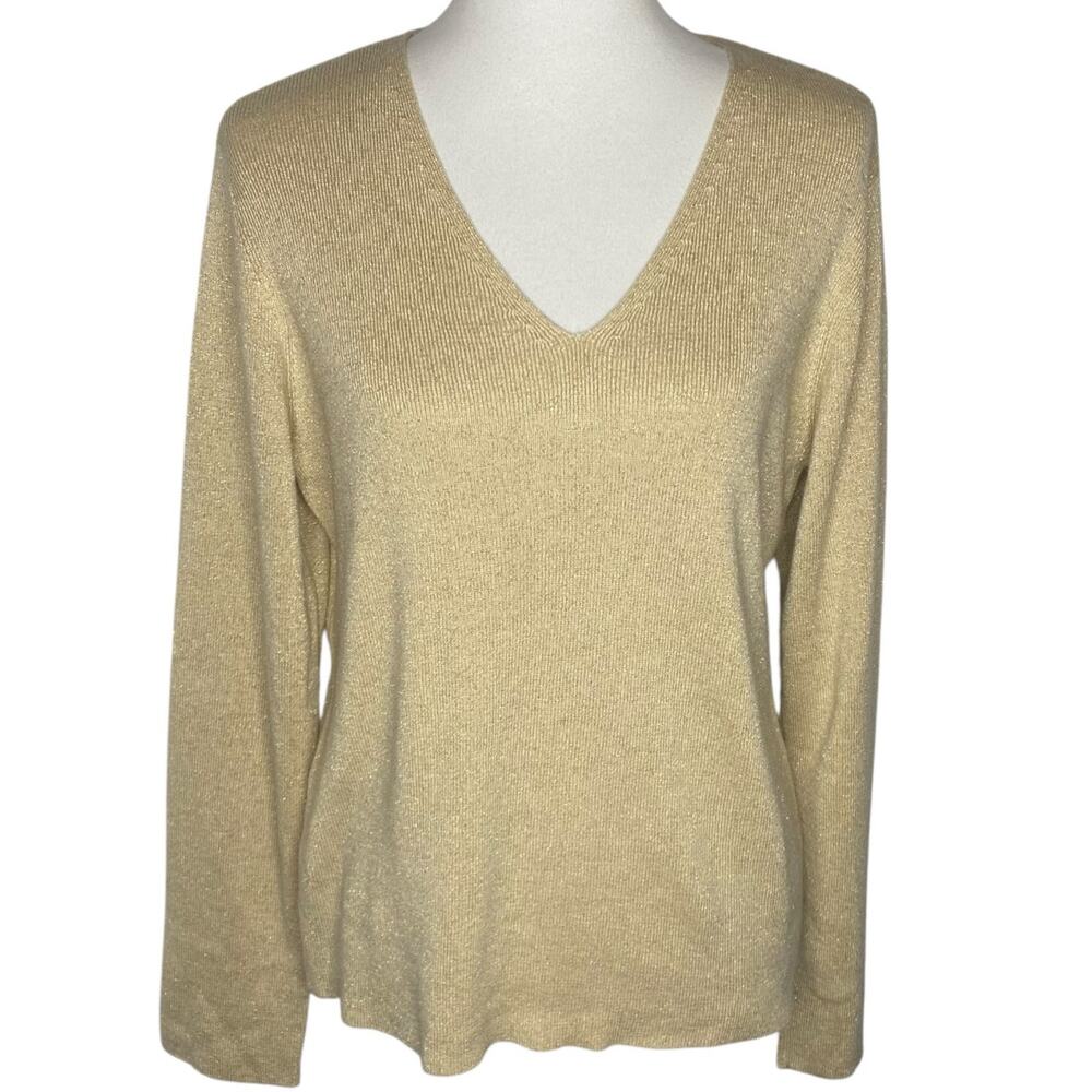 New York & Company Metallic Knit Sweater Gold V-Neck Ribbed Shimmer Top XL Glam